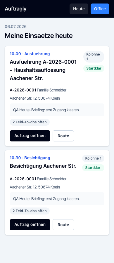 Mobile Auftragly-Teamansicht mit heutigen Einsätzen